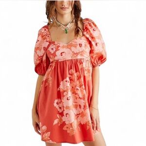 Free People Coral Red Babydoll Dress with Puff Sleeves